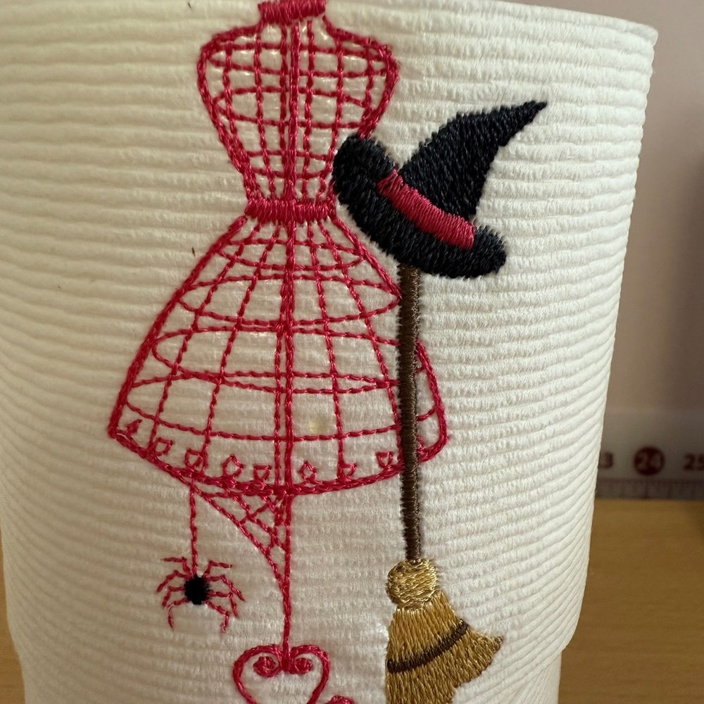 holiday embroidered toilet paper, witchy dress form for Halloween